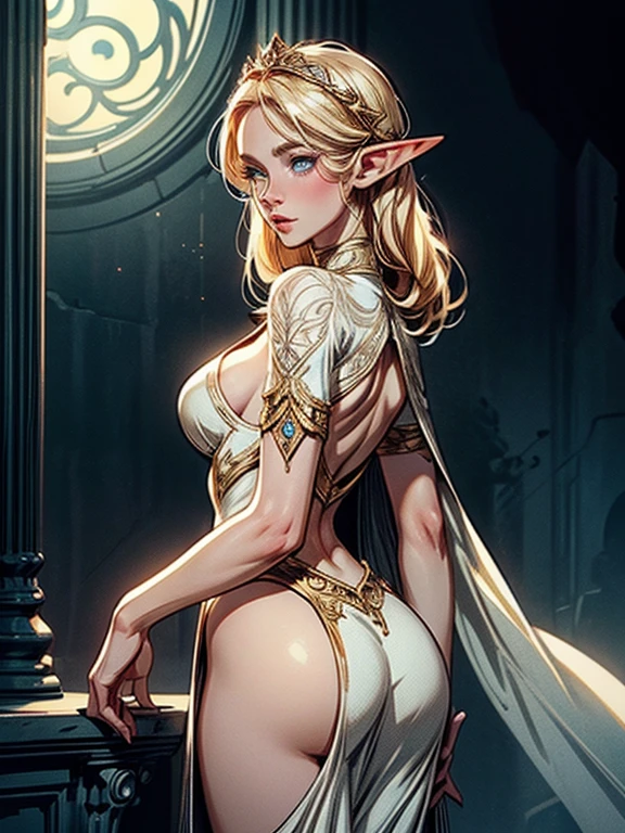 1girl, elf, slim body, pale white skin, light blue eyes, golden blonde hair, elf ears, tight white dress hugging figure around buttocks, beautiful detailed eyes, beautiful detailed lips, extremely detailed face and eyes, long eyelashes, photorealistic, masterpiece, 8k, high quality, hyper detailed, concept art, fantasy, intricate details, cinematic lighting, dramatic lighting, dramatic shadows, elegant, graceful, ethereal, looking at viewer, ass view 