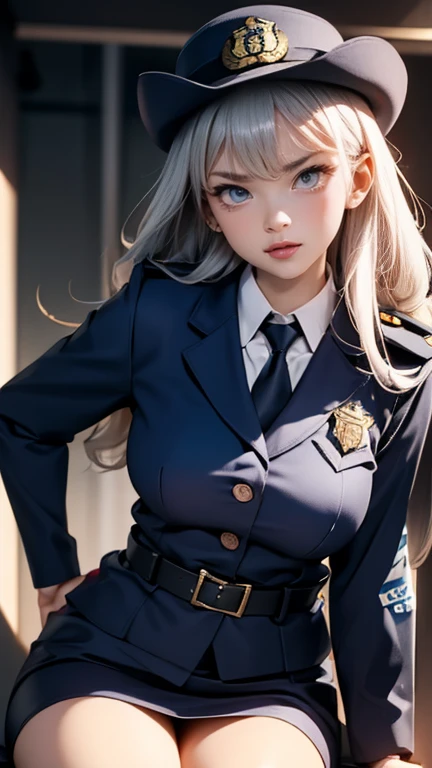 Ultra-high resolution, Ultra-high resolution, Ultra-high resolution, Ultra-high resolution, Awards, Attention to detail, Simple Background, masterpiece, Great illustrations, imperfect、Busty Female Police,Silver Hair、Police uniform, Shoulder pads, Cowboy Shot, Office Background, indoor, (belt, tight belt), (Armband, White sleeves), blue eyes、Confused eyes、brainwashing、City of night、Evil Female Executives、Adult、Sexy pose、Sitting、Sulky face、Upper body emphasis、Queen、Looking down、A look of contempt、Eyes of pity、sadist,Looking down,See the trash,From below,