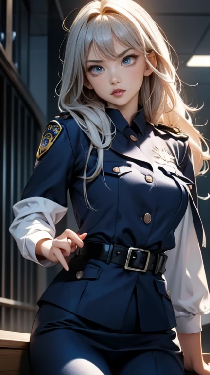 Ultra-high resolution, Ultra-high resolution, Ultra-high resolution, Ultra-high resolution, Awards, Attention to detail, Simple Background, masterpiece, Great illustrations, imperfect、Busty Female Police,Silver Hair、Police uniform, Shoulder pads, Cowboy Shot, Office Background, indoor, (belt, tight belt), (Armband, White sleeves), blue eyes、Confused eyes、brainwashing、City of night、Evil Female Executives、Adult、Sexy pose、Sitting、Sulky face、Upper body emphasis、Queen、Looking down、A look of contempt、Eyes of pity、sadist,Looking down,See the trash,From below,