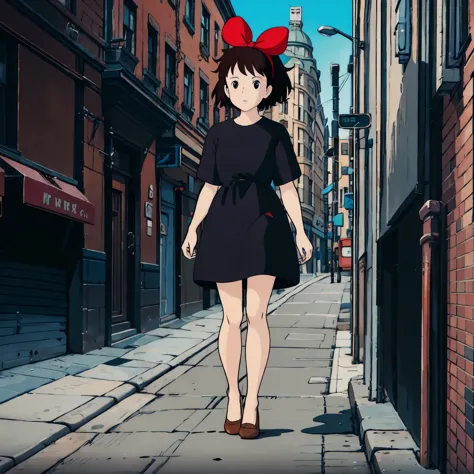 kiki,1girl,
hair bow,
black dress,
brown footwear,
full body,standing,city,