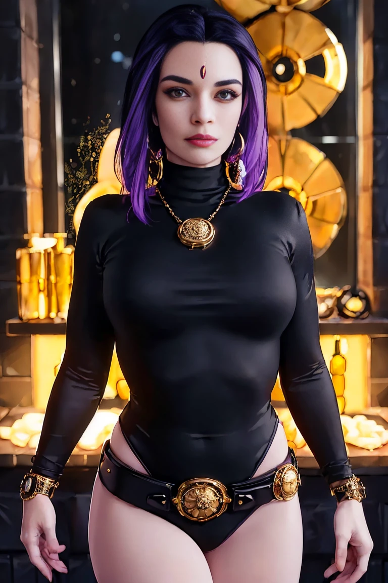 cowboy shot of  alinitydivine as rvn, hotraven, beautiful face, detailed face, pale skin, black leotard, turtleneck, tights, gold belt, jewels, medallion, athletic, looking at viewer, night, dark temple,  best quality, masterpiece, intricate details, tonemapping, sharp focus, hyper detailed, realistic