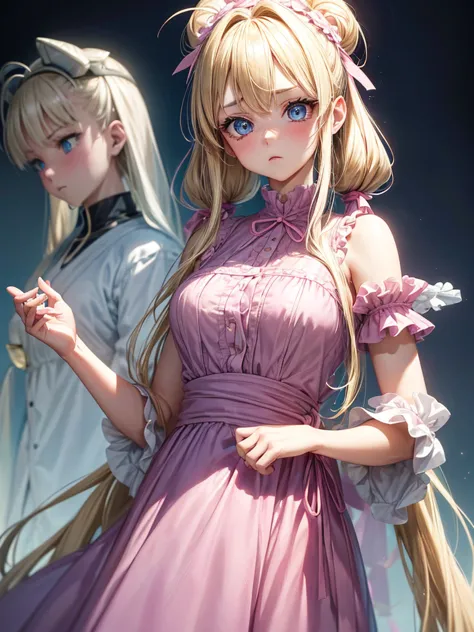 an adult girl with dull blonde hair, hairstyle in two low pigtails adorned with faded pink ribbons. her blue eyes, although once...