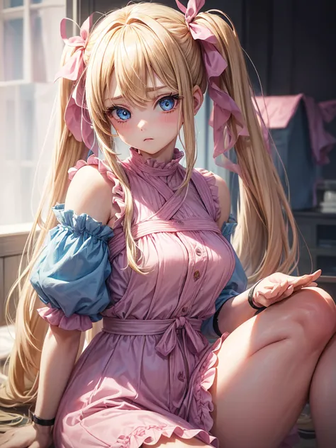 an adult girl with dull blonde hair, hairstyle in two low pigtails adorned with faded pink ribbons. her blue eyes, although once...