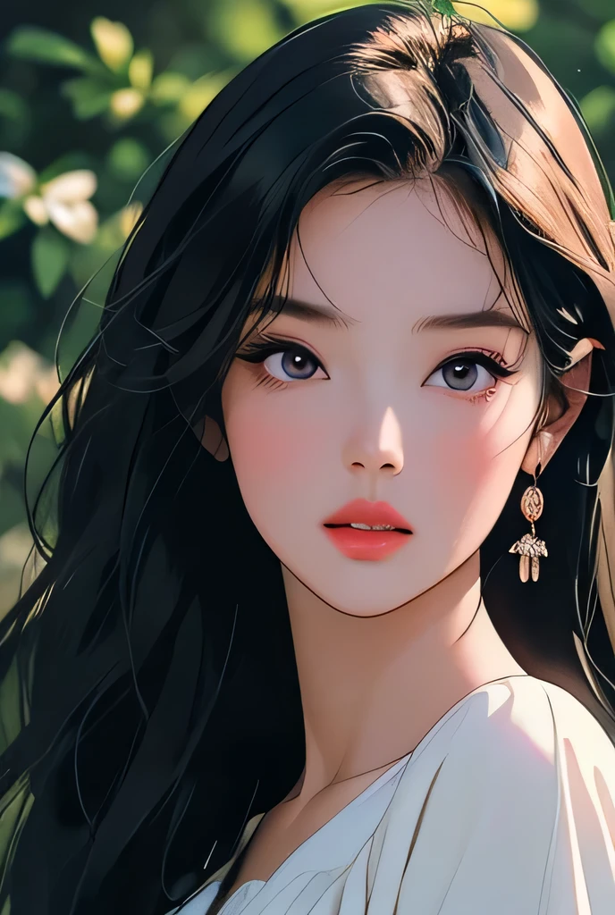 a beautiful young woman with long black hair, detailed face features, stunning eyes, soft lips, wearing a white dress, standing in a lush garden with flowers, (best quality,4k,8k,highres,masterpiece:1.2),ultra-detailed,(realistic,photorealistic,photo-realistic:1.37),extremely detailed face and eyes,highly detailed portrait,delicate skin,intricate details,warm lighting,vibrant colors,cinematic,elegant,serene