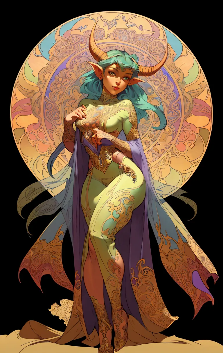 a painting by alphonse mucha, a beautiful tiefling woman in a pinup pose, detailed face and expression, detailed intricate costu...