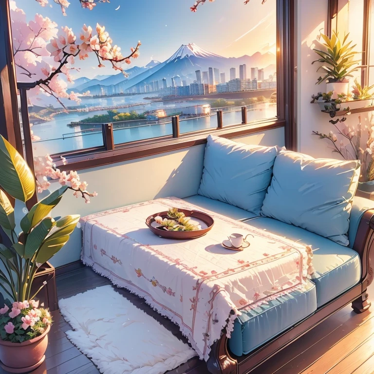 (masterpiece)，(high quality)，best quality，Reality，(Reality)，Ultra Detailed，(details)，(4K，8K，indoor，table，sofa，Potted plants，Chair，Solitary，Wide-angle lens，window，ground，Quilt，Pillow，Night view，大玻璃window
