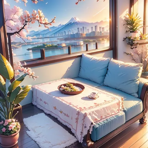 (masterpiece)，(high quality)，best quality，reality，(reality)，ultra detailed，(details)，(4k，8k，indoor，table，sofa，potted plants，chai...