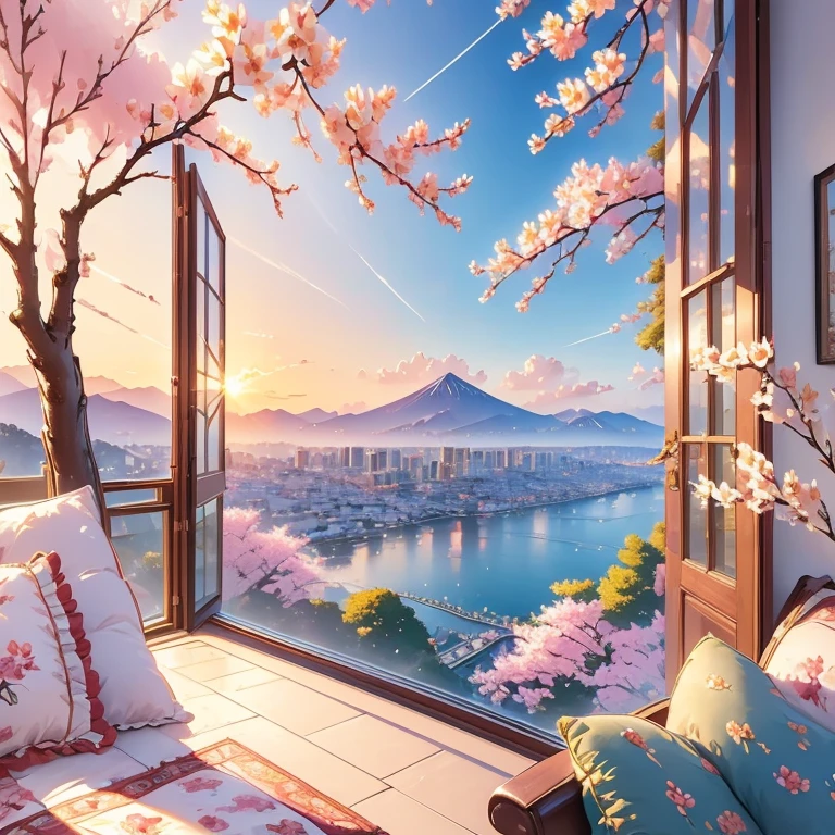 (masterpiece)，(high quality)，best quality，Reality，(Reality)，Ultra Detailed，(details)，(4K，8K，indoor，table，sofa，Potted plants，Chair，Solitary，Wide-angle lens，window，ground，Quilt，Pillow，Night view，大玻璃window
