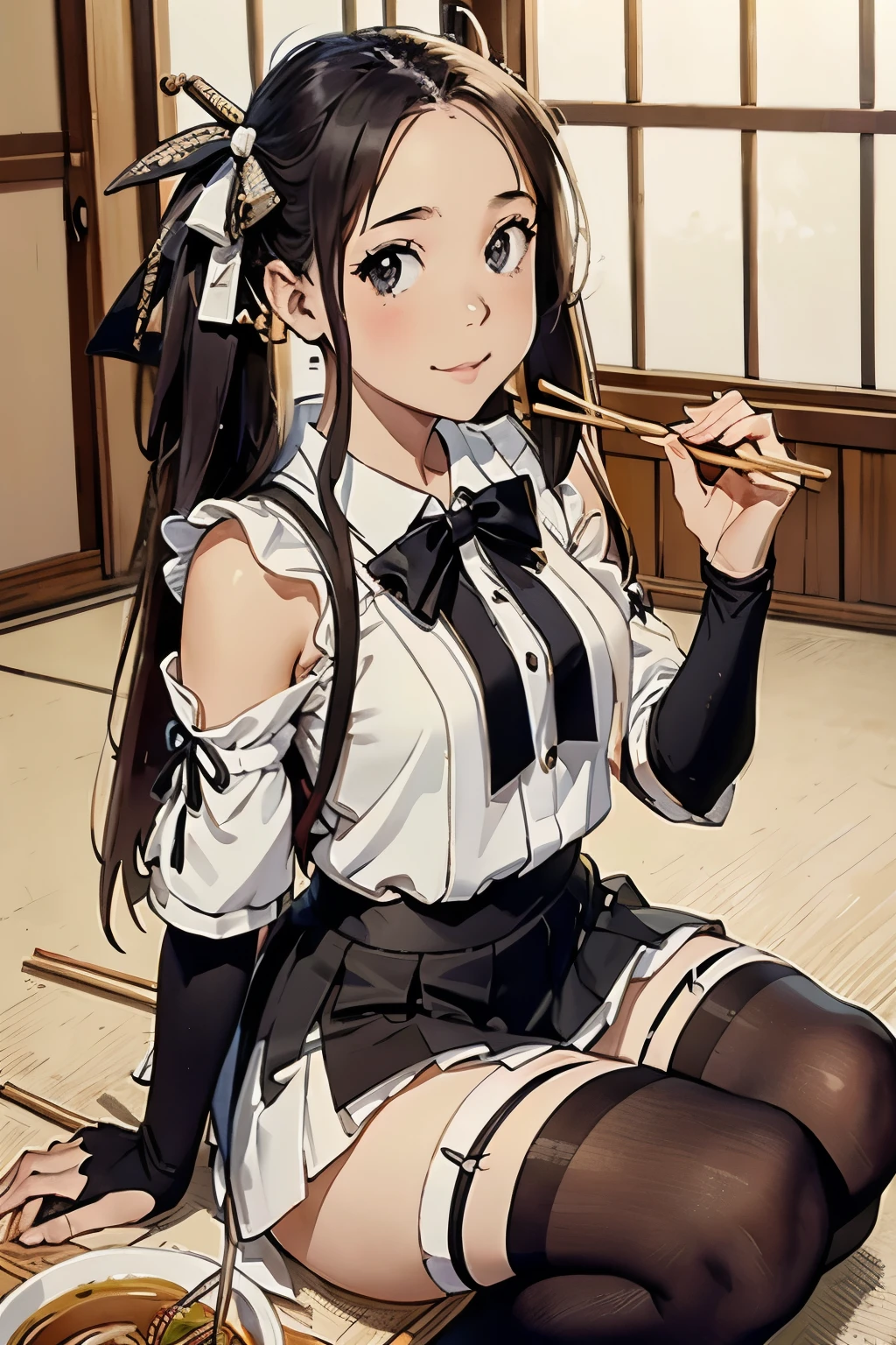 masterpiece, top quality, bewitching pose, full body wide angle, smile, (sitting:1.1) ,ichiraku ramen, (eating ramen noodles:1.0), holding chopsticks and ramen bowl, slurp one's noodles,, silence suzuka (umamusume), black gloves, white skirt, pleated skirt, black pantyhose, layered sleeves, puffy short sleeves, short over long sleeves, black bow, festival,