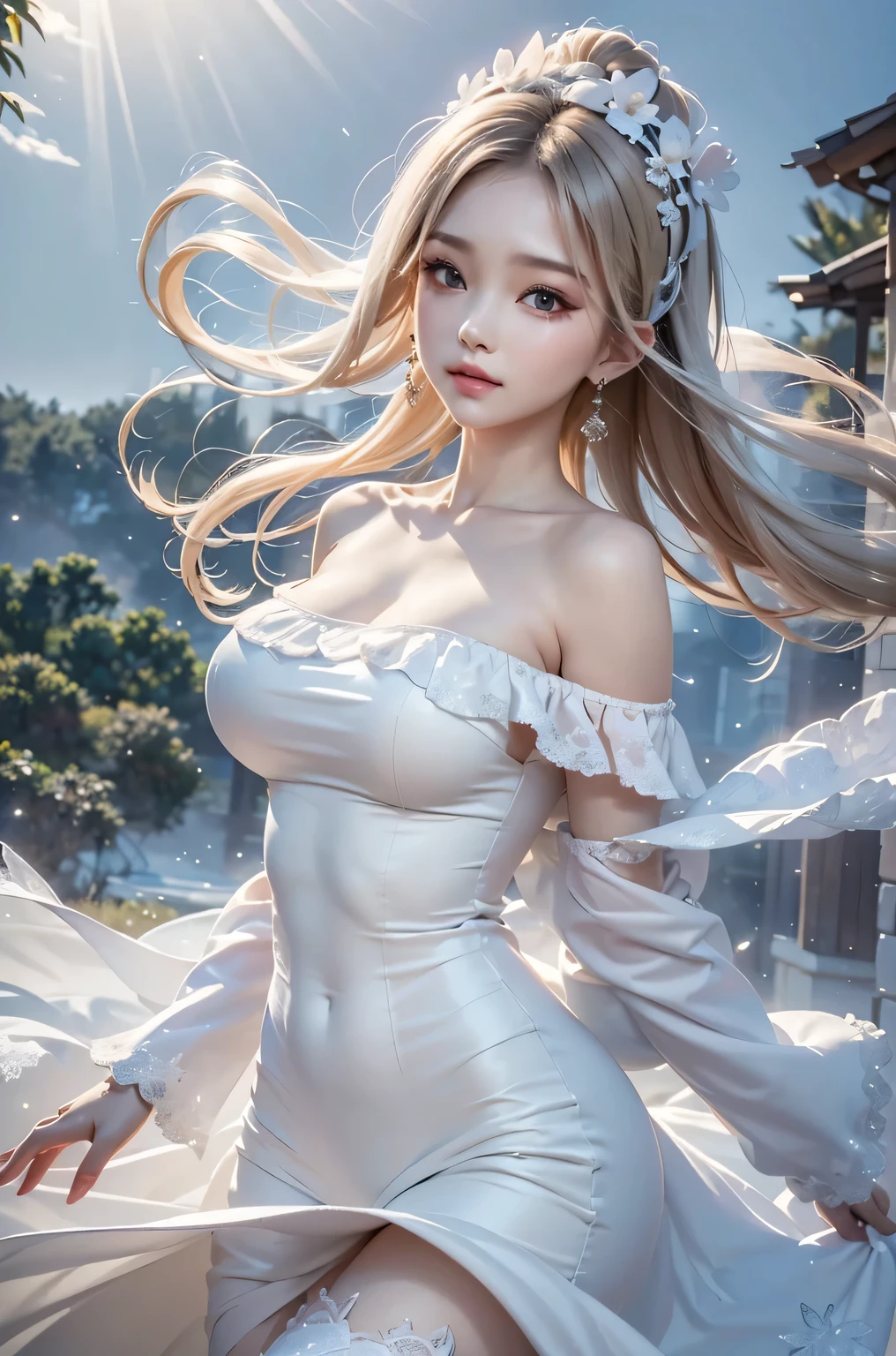 Highest quality, 32K, RAW Photos, Incredibly absurd, Very detailed, Delicate texture, Bust-up of a beautiful woman looking back with a sad expression, Particles of light exploding in the mist, Fantastic and mysterious, Wind, 1girl, honeystyle, Off-the-shoulder clothing
