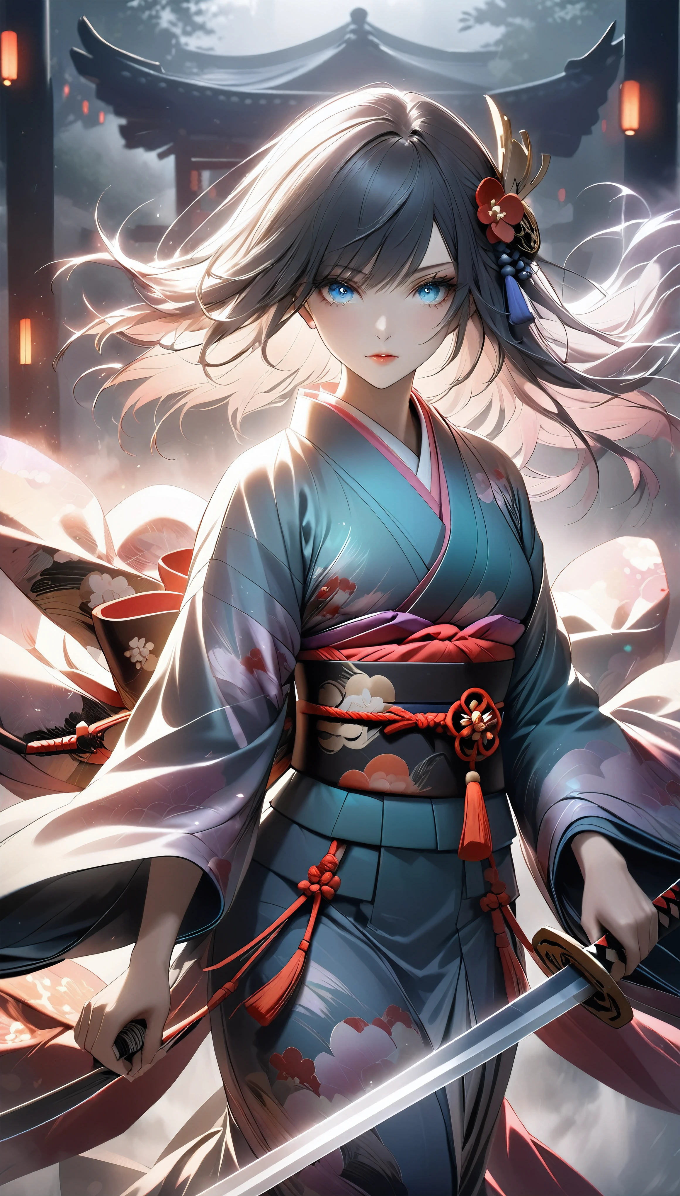 The enigmatic samurai woman (Musashi Miyamoto) wielding a long Japanese sword, Splitting with each powerful slash、Enveloped in the mist that obscures vision, Revealing a vivid and otherworldly scene, The clarity of the sword's slash against the hazy background, Mysterious Background, The fox's sharp gaze meets the viewer's, A layer of ethereal mist shrouding the foreground, Piercing, clear eyes, An exquisite and detailed kimono, Dramatic lighting and colors