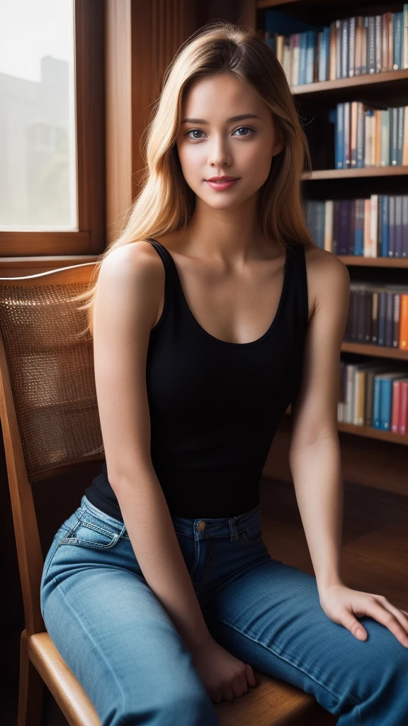 1girl, long blonde hair, beautiful detailed eyes, blue eyes, beautiful detailed lips, smile,Tank top , long black jeans, blue shoes, sit at chair, fullbody shot, inside library, reading book, seductive position, (best quality,8k,highres,masterpiece:1.2),ultra-detailed,(realistic,photorealistic,photo-realistic:1.37),HDR,vivid colors,natural lighting,cinematic mood,fantasy,soft lighting