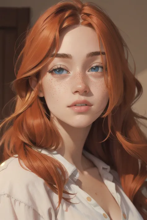 masterpiece, best quality, realistic photo of a girl, long hair, ginger freckles