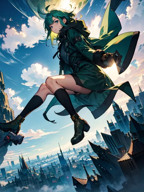 empty city, a town above the clouds, sky city,black eye,green hair, wearing a duffle coat, falling from the sky