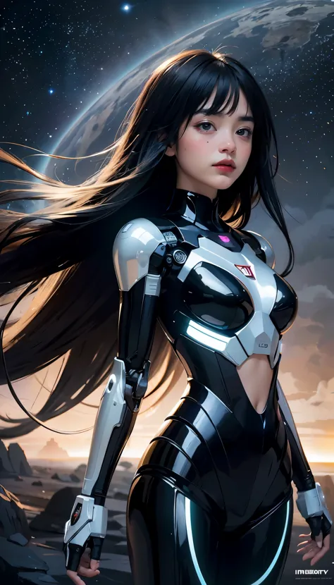 studio photo, beautiful woman perfect body half robotic half metal with iridescent black shimmering hair, standing alone, partic...