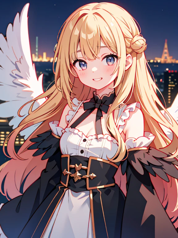 Highest quality、Ultra-high resolution、Highly detailed face、Eye highlights、A girl of about twelve, still with a touch of childishness、Long wavy blonde hair、Black Robe、Grin、The girl's back had bat wings.、Stand on the roof of a skyscraper、The cityscape is behind the girl.、Night view、Upper body close-up