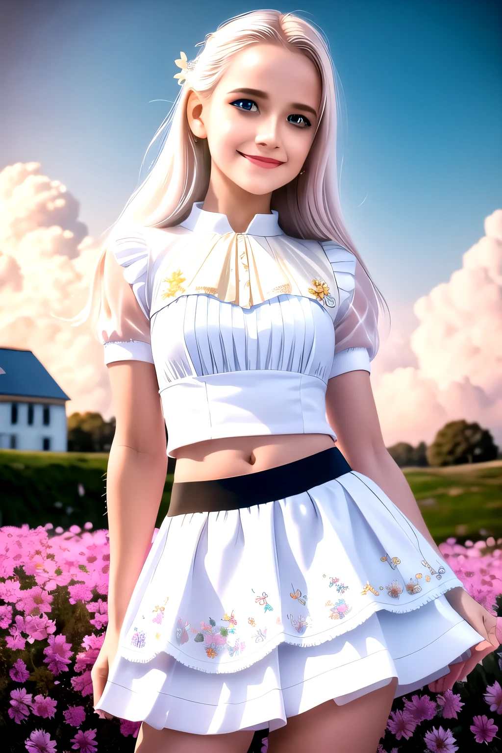 masterpiece, best quality, 1girl, (colorful),(finely detailed beautiful eyes and detailed face),cinematic lighting,bust shot,extremely detailed CG unity 8k wallpaper,white hair,solo,smile,intricate skirt,((flying petal)),(Flowery meadow) sky, cloudy_sky, building, moonlight, moon, night, (dark theme:1.3), light, fantasy,