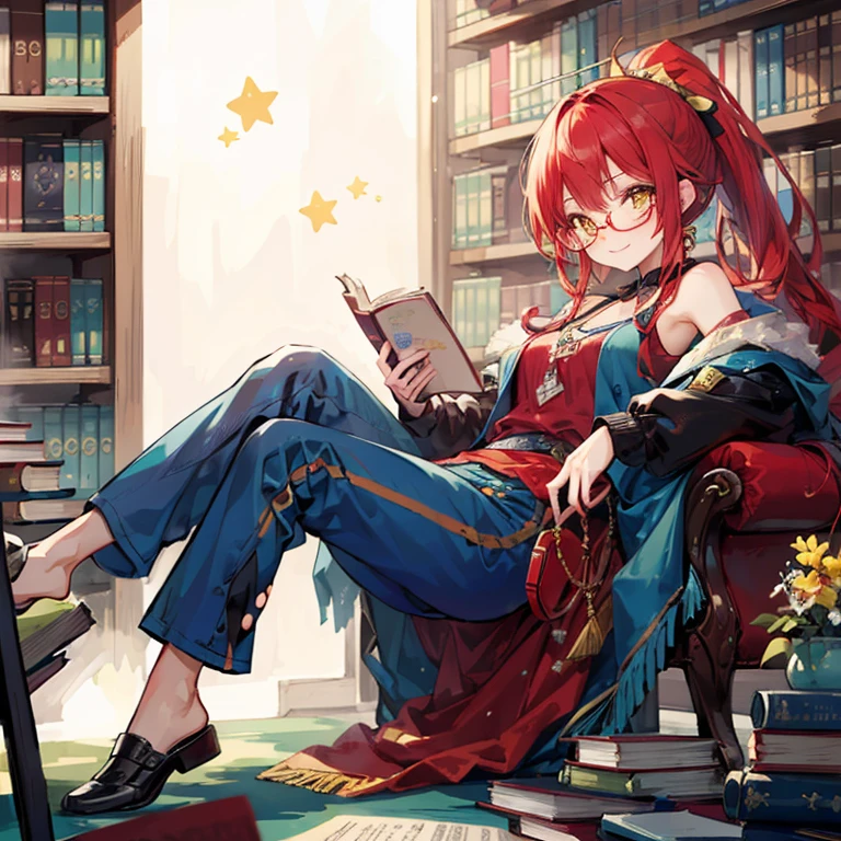 1 girl, librarian, (masterpiece, highest quality),(Detailed Hair), Super detailed, Anime Style, whole body ,cute, whole bodyきぐるみ, red hair ponytail、yellow eyes, Digital Painting, 8K High Resolution, whole body, White Background, Dynamic pose, Dynamic composition, (((comfortable clothes to wear in the library))), smile, pastel color, stars, (horrible fashion sense), lazy and tired, ((glasses)), books