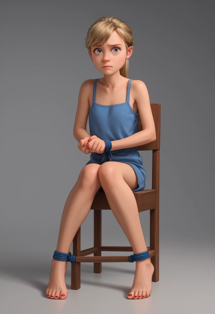 score_9, score_8_up, score_7_up, score_6_up, score_5_up, score_4_up, ri_ley2, 1 girl, ponytail, blond hair, skinny, looking at viewer, barefoot,, (((5 toes, red toe nails, tied ankles together, tied arms, sit on a chair, Focus full body, with no shoes,)))