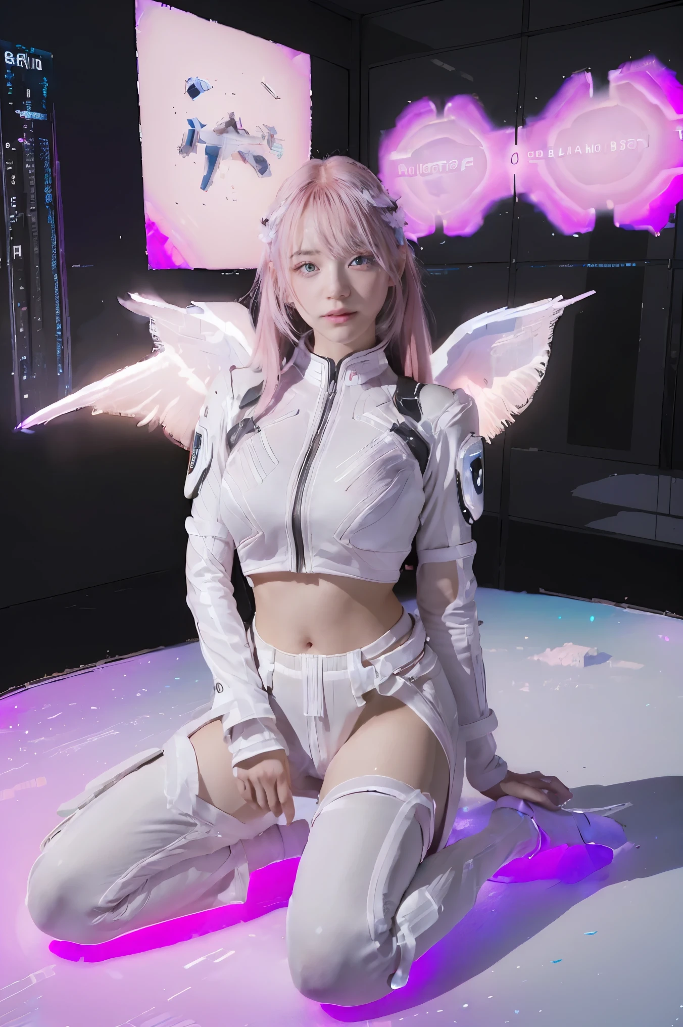 ((masterpiece, best quality, extremely detailed), volumetric lighting, ambient occlusion, colorful, glowing), 
1girl, solo, young girl, (pink hair), long hair, halo, aura, sacred, godness, cyber suit, (white outfit:1.3), android, bot, angel wings,
outdoors, sunset, sky, clouds, space, (cyberpunk theme:1.2),