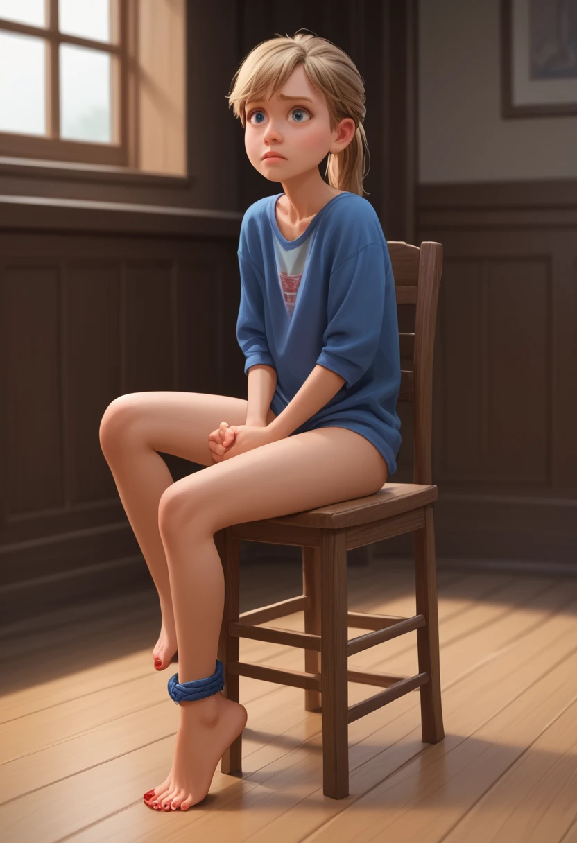 score_9, score_8_up, score_7_up, score_6_up, score_5_up, score_4_up, ri_ley2, 1 girl, ponytail, blond hair, skinny, looking at viewer, barefoot,, (((5 toes, red toe nails, tied ankles together, tied arms, sit on a chair, Focus full body, with no shoes,)))