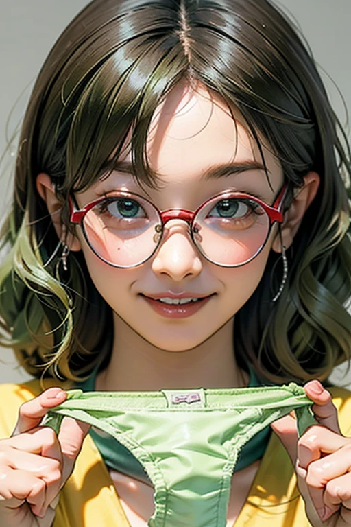 Very large light green panties、ponytail、Curly Hair、Yellow-green hair、Face is close、Close face、Panties in front、Showing panties、Very big panties、Pretty big panties, glasses,