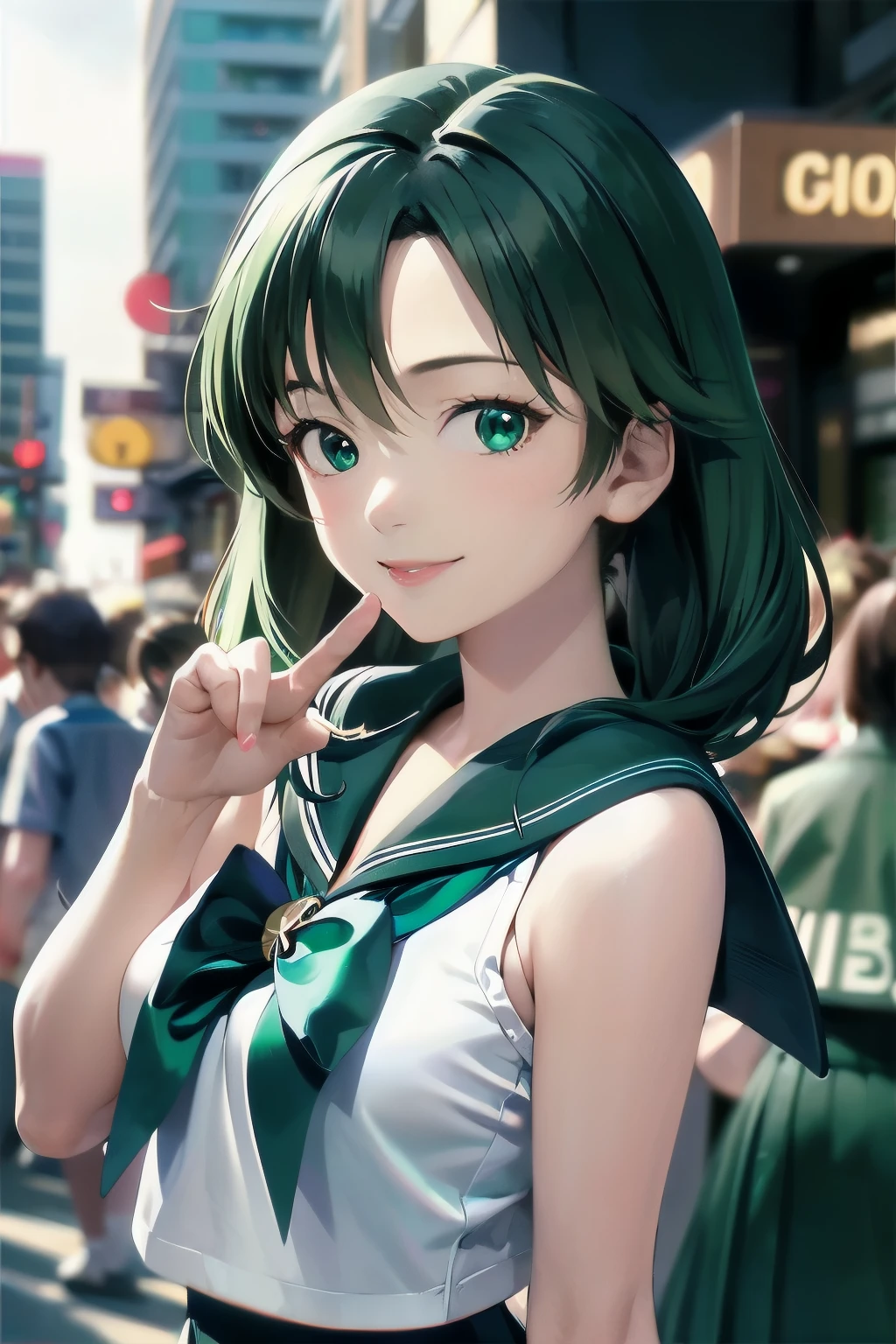 best quality, masterpiece, portrait, close up, upper body,
1girl, sailor neptune, mature woman, aqua eyes, dark green hair, medium hair, sailor senshi uniform, plead skirt, outdoors, city, smile, 