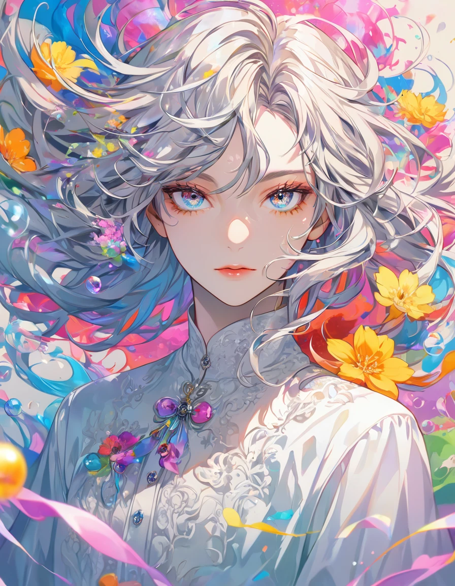 (masterpiece), (best quality), (ultra detailed),(disheveled hair),(illustration), (1man), standing, Fashion model, looking at viewer, (interview), (detailed background),beautiful detailed eyes, delicate beautiful face, Floating,(high saturation),(colorful splashes),colorful bubble,(shining), focus on face, floating flowers, floating hairs, (shining), best lighting, best shadow, 1male solo