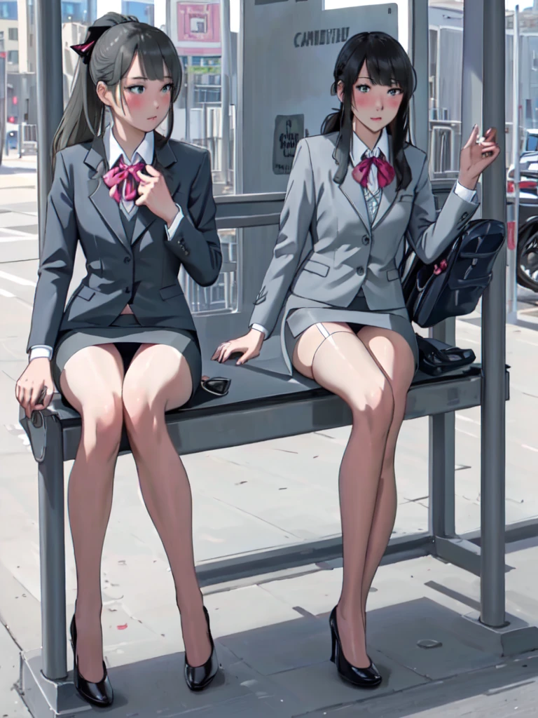 masterpiece, Highest quality, Absurd, Perfect Anatomy, Beautiful background, Beautiful Face, Beautiful body, One person、(Portrait、from the front、looking at the camera)(Lace panties、Garter Stockings、High heels)ponytail、ribbon、blush、office lady、Gray office suit、(Sit on a bus stop bench)