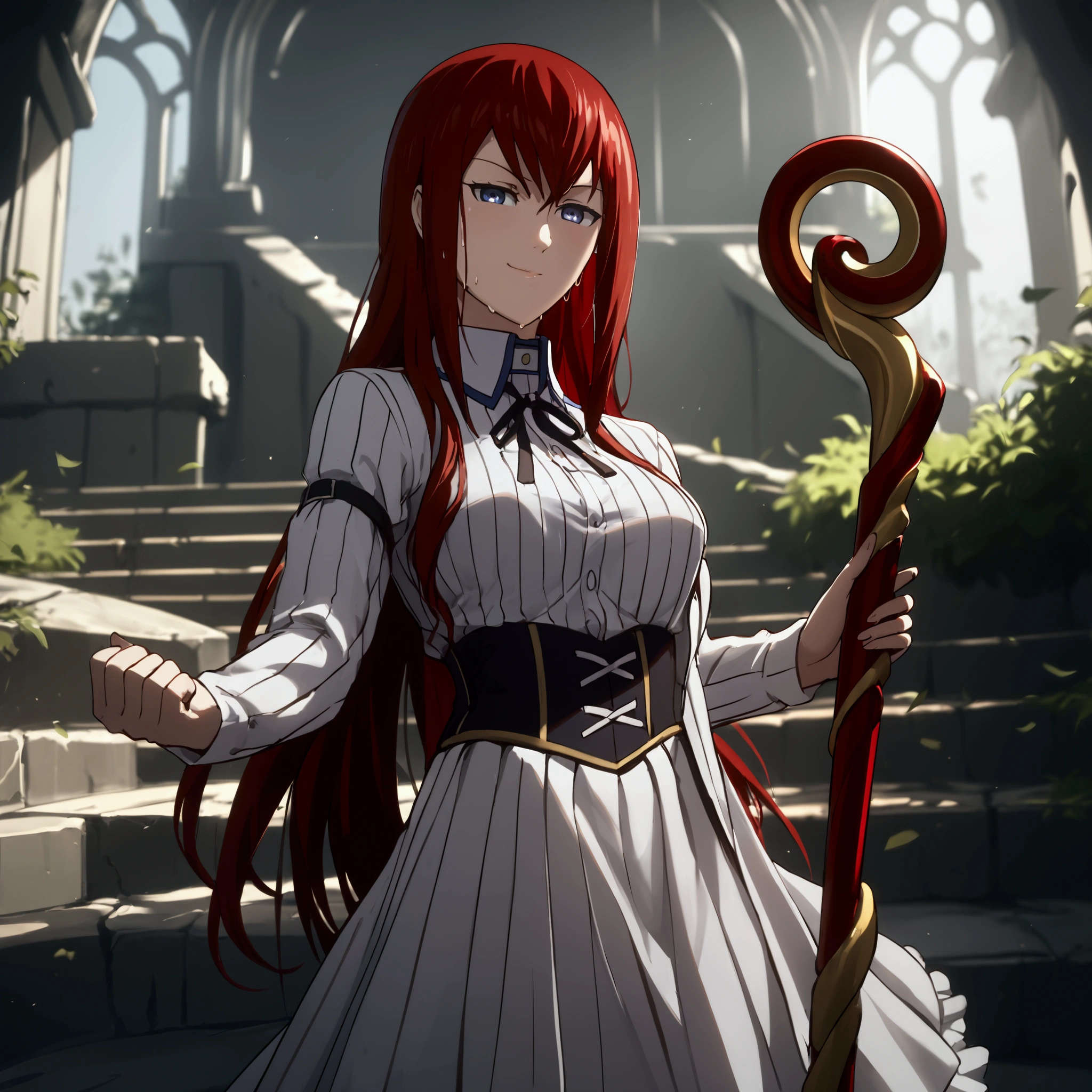 score_9, score_8_up, score_7_up, score_6_up, makise kurisu, long hair, red hair, dark-blue eyes, black pupils, BREAK detailed eyes, perfect face, anatomically correct, detailed skin texture, (blush:0.5), (goosebumps:0.5), subsurface scattering, cinematic, Sharp focus, humorous illustration, big depth of field, Masterpiece, concept art, trending on artstation, Vivid colors, Simplified style, trending on ArtStation, trending on CGSociety, Intricate, Vibrant colors, Soft Shading, Simplistic Features, Sharp Angles, Playful, excessive sweating, sweating profusely, sweating drop BREAK, 1girl, staff, holding staff, ruins, solo, standing, breasts, collared shirt, long sleeves, black ribbon, neck ribbon, vertical-striped shirt, black corset, dark red skirt, pleated skirt, frilled skirt, clenched hands, looking at viewer, torn clothes, half-closed eyes, smirk, 