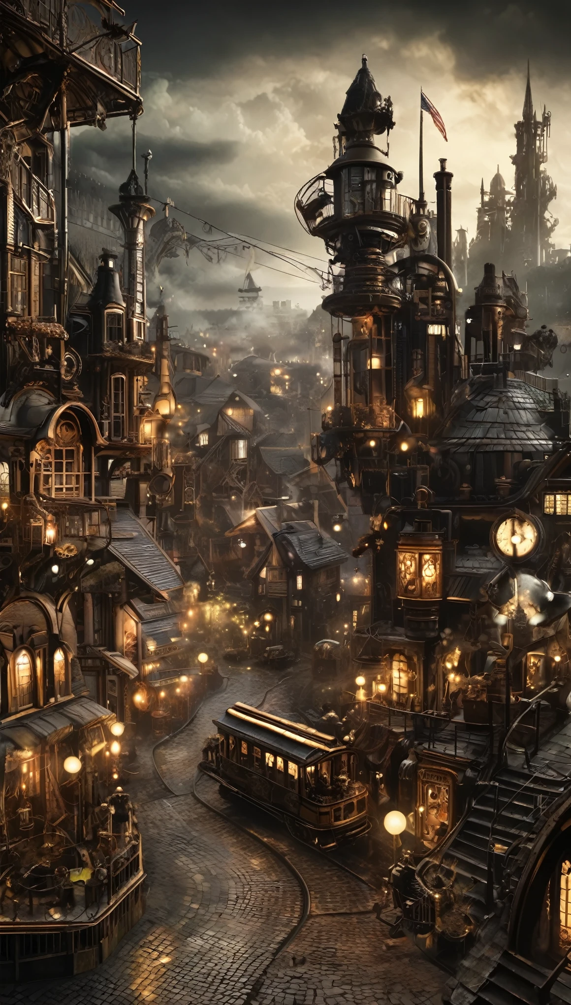 steampunk、landscape、dim、beautiful、Town、unmanned、Obsolete、night、air