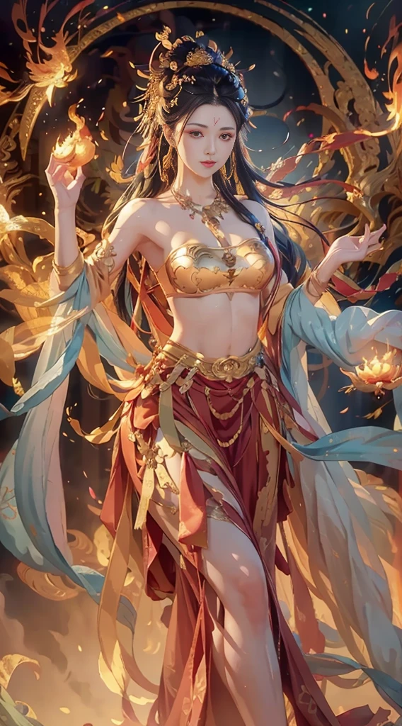 (Fullbody shot:1.1),(RAW photo, Best quality), (Realistic, photo-realistic:1.3), Highly detailed, Ultra-detailed, Small bra B cups，1girll, beautiful face, high detailed face, smile, Dancing, Flame in her hand, Phoenix flame bird in background, Dynamic Angle, world mastery theater, Messy_Long_Hair, extremely detailed CG unity 8k wallpaper, ink, astounding, lenlare, dunhuang_Style, (big breasts beautiful+fanciful), (8k wallpaper:1.2+8k wallpaper:1.1), (art-style+art work) Perfect facial features, Super realistic, illustration, surrealism, cubismo, Best quality, Masterpiece, Best quality, High details, (2-legs,2-hand,5-finger in each hand)