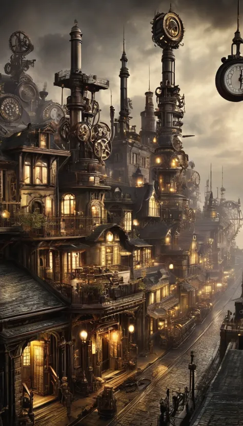 steampunk、landscape、dim、beautiful、town、unmanned、obsolete、night、air、gear、mechanical、yellow