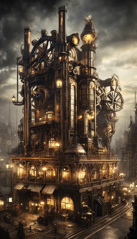 steampunk、landscape、dim、beautiful、unmanned、obsolete、night、air、gear、mechanical、yellow、large building