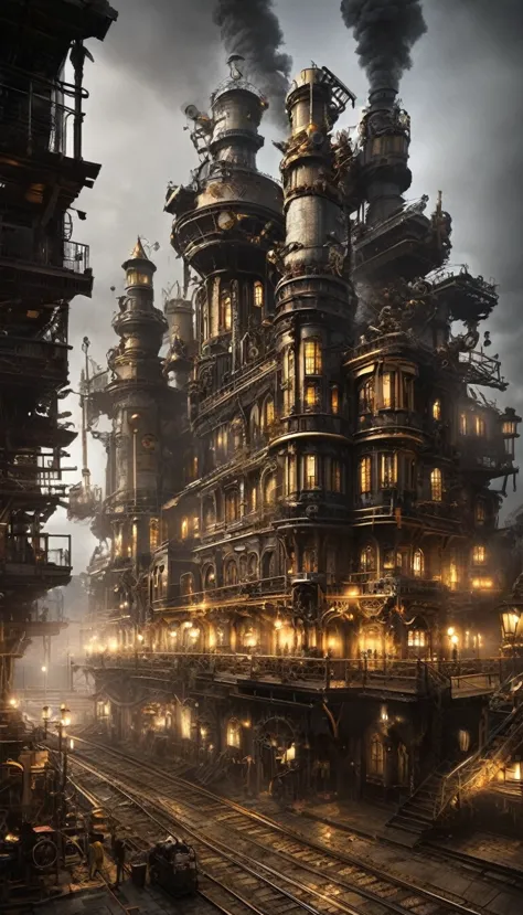 steampunk、landscape、dim、beautiful、unmanned、obsolete、night、air、gear、mechanical、yellow、large building