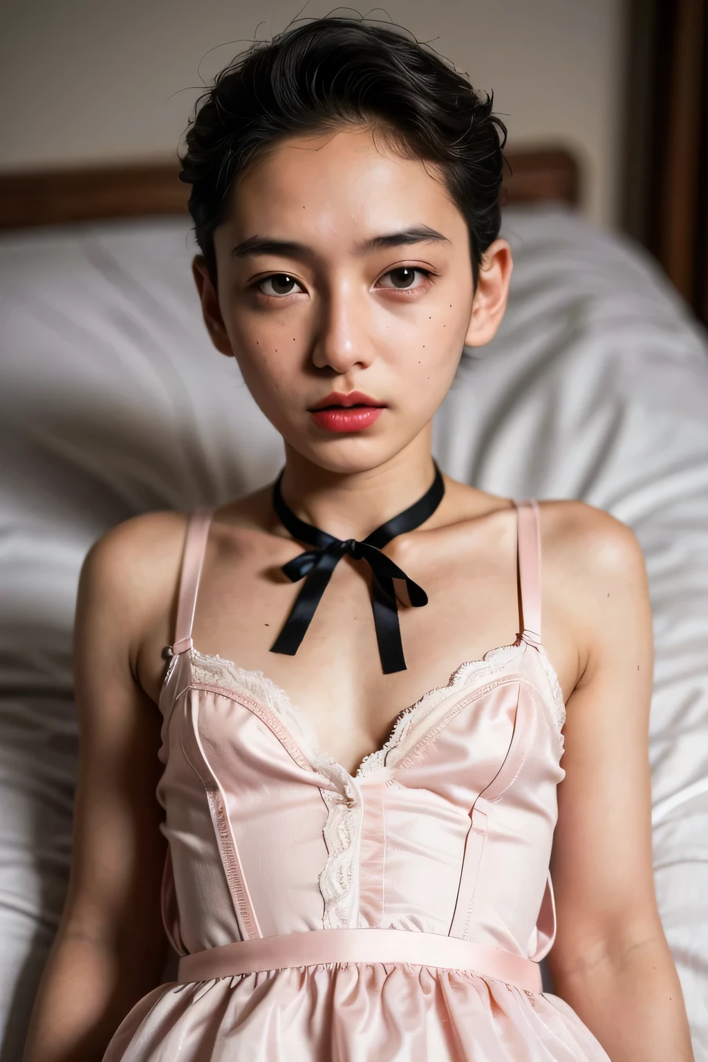 (((NAKED))), Spread, ((SLEEPING FEMBOY)), (((SAD FACE EXPRESSION:1.1)), ((NECK LACE RIBBON)), ((GOTHIC EYELASHES & LIPS)), ((LIPS)), ((boy very shorthaircut)), adorable, 1 girl, (face to face), 10 years old, baby face, happy, half body portrait, (face details: 1), (eye details: 1), ((tiny breasts)). ((Lace V-neck ice silk suspender nightdress)), ((net stockings)), lingerie ((red lips)), lie down (((PINK NAKED)))