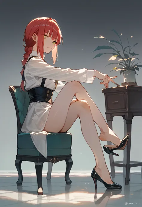 1girl, high heels shoe dangle, cross legged on a chair, makima, looking at viewer, sitting, from side