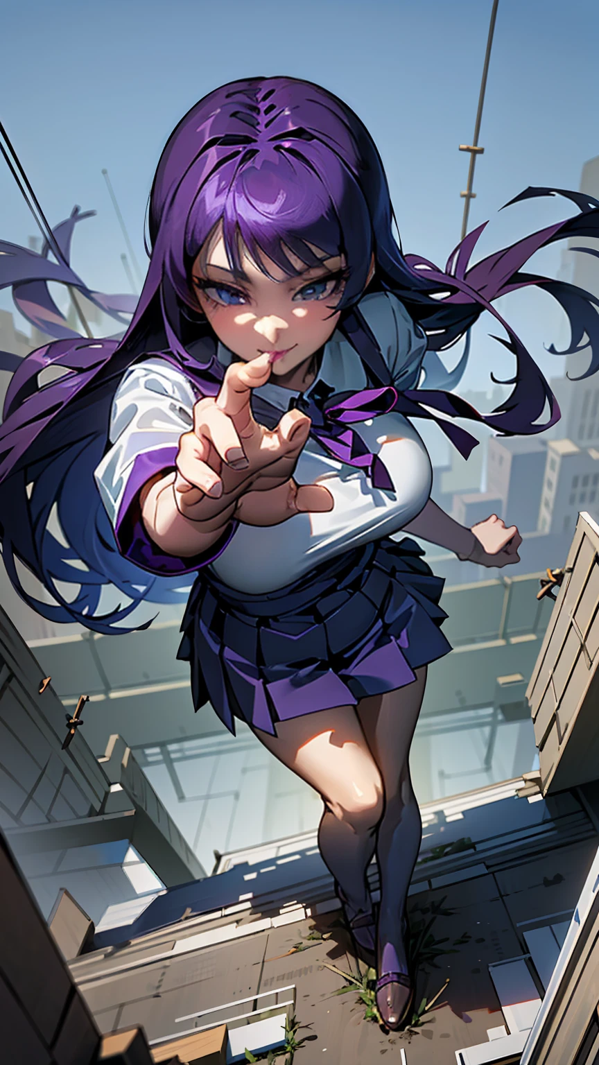 "Giantess ((Saeko Busujima from Highschool of the Dead)) calm and lethal (masterpiece best quality) serene smile, eyes gleaming with sadistic pleasure (real picture intricate details) (1 lady solo tall and slender body) long purple hair, sharp blue eyes (tight school uniform, highlighting her lithe form) standing over a tiny human, her katana poised above him, her smile widening as she watches him tremble. Her fingers gently stroke the blade, as if teasing him with what’s to come. Background: Abandoned schoolyard, the ground littered with debris, the air heavy with tension."

