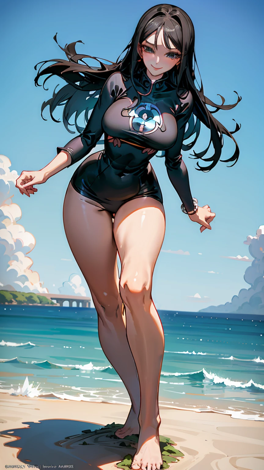 "Giantess ((Nico Robin from One Piece)) calm and cruel (masterpiece best quality) serene smile, eyes glinting with malice (real picture intricate details) (1 lady solo tall and voluptuous body) long black hair, deep blue eyes (tight, revealing outfit, a low-cut top highlighting her curves) standing above a tiny human, her massive hand created from her Devil Fruit powers slowly enveloping him, squeezing the air from his lungs as she watches, her expression unchanging. Background: Sun-drenched beach, the ocean waves crashing in the distance, the sky a clear blue."

