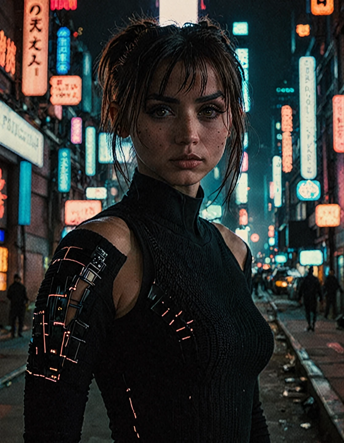 j0i woman, (face portrait:1.5),dramatic lighting,volumetric lighting,film grain,cinematic,looking at camera,depth of field,bokeh,wearing black outfit, full body shot,cyberpunk cityscape background,