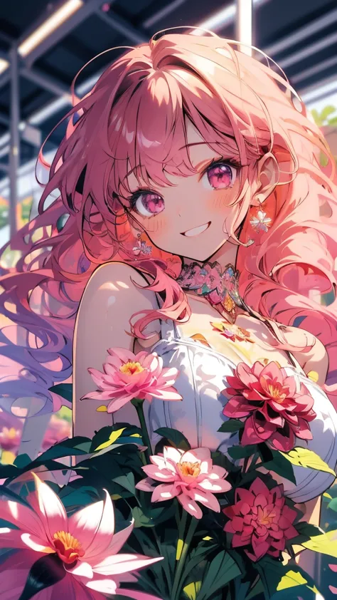 masterpiece、smile、anime girls、red hair、long hair、cute anime girls、smile、(((pink dahlia)))、lots of dahlias、upper body、fractal art...