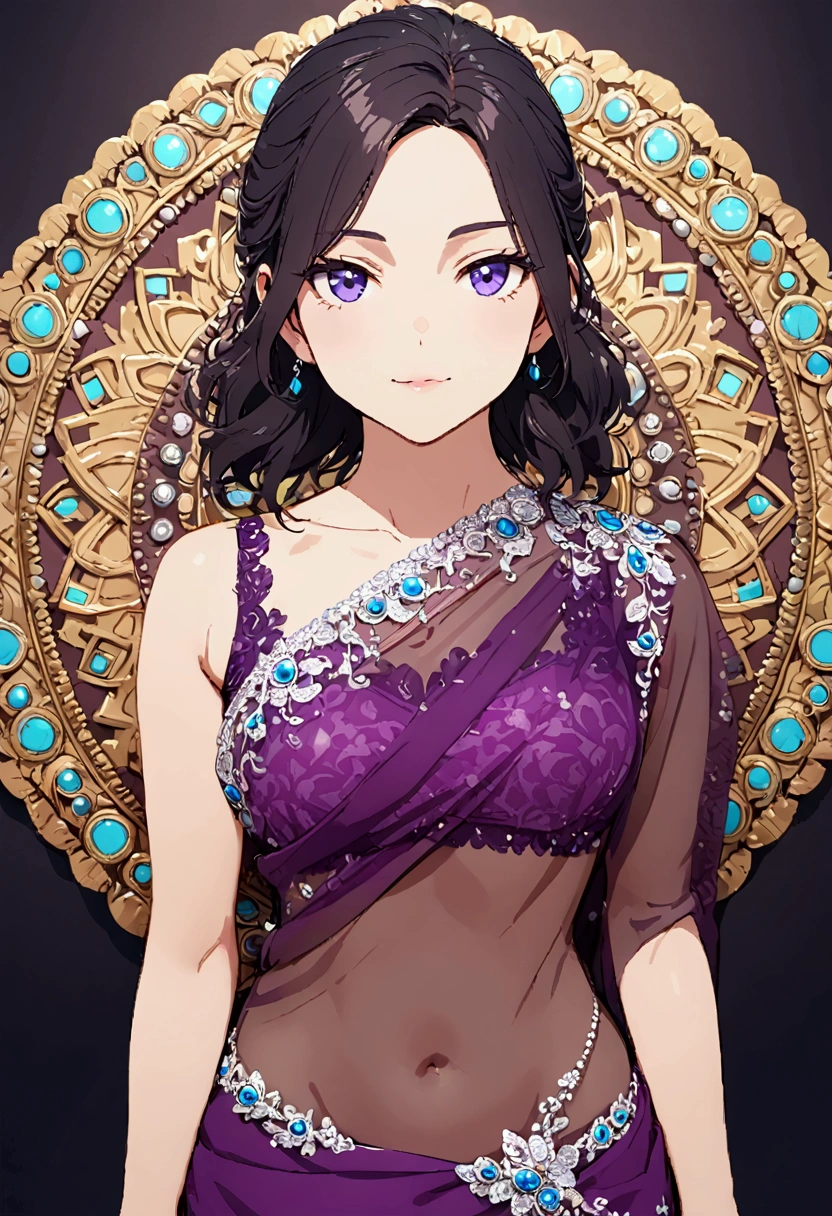 Shinobu wearing saree, no  blouse, facing viewer