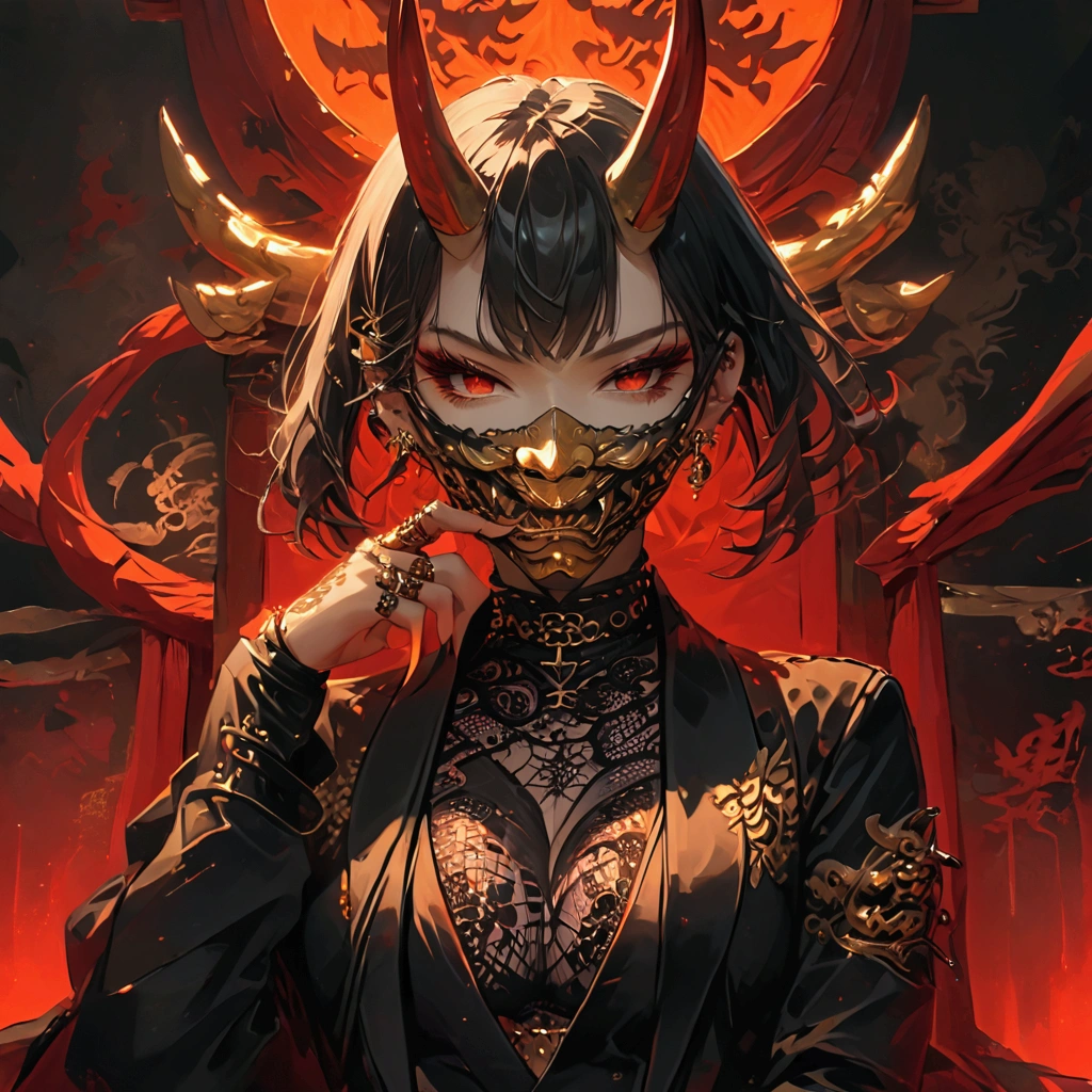 1GIRL, WEARING BLACK SUIT, WEARING BLACK AND GOLDEN (mouth mask), PIERCING EARS, FINGER RING'S, CHOCKER, RED EYES, SITTING ON GOLDEN THRONE, DARK BACKGROUND, RED LIGHT EFFECT FROM TOP, FULLY TATTOOED, LESS GOLDEN COLOR, (oni mask)