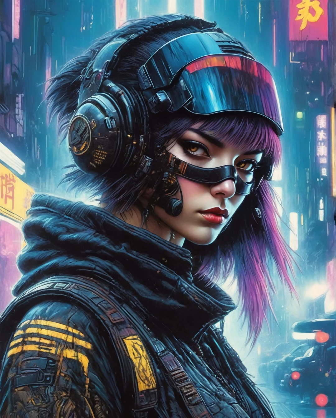 (masterpiece, 4k ,ultra detailed,raw photo:1.2),illustration,
(A FULL-LENGTH OF a japan female "in the style of a cyberpunk anime" is a cyberpunk rebels anarhist hacker in a worn cyberpunk helmet, face covered with a visor and breathing mask and a worn cyberpunk black uniform of a rebels anarhist haker in a worn black cyberpunk bulletproof vest. light violet background, trending on artstation, sharp focus, studio photo, intricate details, highly detailed, by greg rutkowski, more detail XL, hyper detailed, realistic, by julie bell, frank frazetta, cinematic lighting,,),
(simple background:black and yellow background1.4),
(symmetry:1.2),
(art deco:1.4),
(retro-futuristic:1.4),
(minimalism:1.4),
(clean:1.4),
(flat_color:1.4),
(cyberpunk,android:1.4),
CCDDA Artstyle