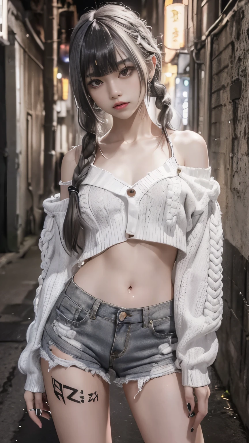 RAW Photos, 8k, (Highest quality), Realistic, (live-action, Intricate details), (Natural skin texture, Detailed skin, Hyperrealism, Sharpness), (Japanese teen girl standing in a dirty back alley at night, graffitied wall:1.3, Sexy pose), ((White knit sweater, Off the shoulder, Black shorts)), (((Flat Chest:1.5))), (Pale skin:1.2), ((Gray Hair, Braid, Blunt bangs)), (Fascinating face, Provocative look, Lips parted:1.3), thigh, graffiti:1.5, trash can, at night, Spot lighting:1.3, Full Body Shot