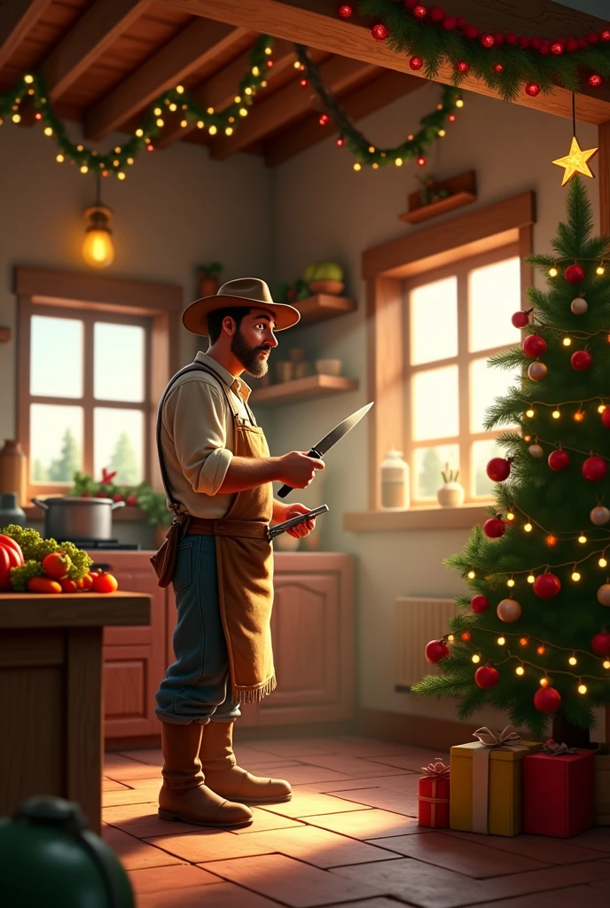 farm kitchen farmer sharpening knife, the kitchen with Christmas tones. Estyl pixar