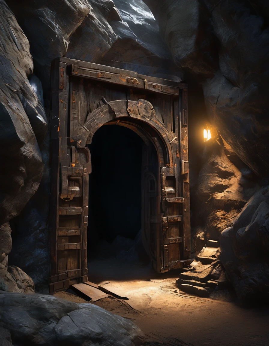 there is a door that is open in a cave, Dramatic lighting. concept art, by a senior environmental artist, hyperdetailed concept art, environment and concept art, Detailed textures and lighting, photorealistic dark concept art, detailed lighting and textures, fps game concept art, dark hangar background, dark concept art, 2d concept art, post grunge concept art, detailed digital concept art