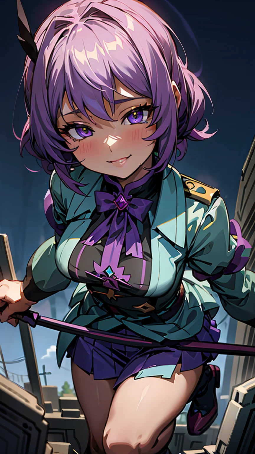 Giantess ((Shinoa Hiiragi from Seraph of the End)) playful and cunning (masterpiece best quality) mischievous grin, eyes gleaming with intelligence (real picture intricate details) (1 lady solo  yet powerful body) short lavender hair, sharp amethyst eyes (military uniform, showing her agility) looming over a small human, her scythe casually resting on her shoulder, her posture relaxed yet threatening. Background: Ruined city, the remnants of a battle scattered around, the atmosphere heavy with anticipation.

