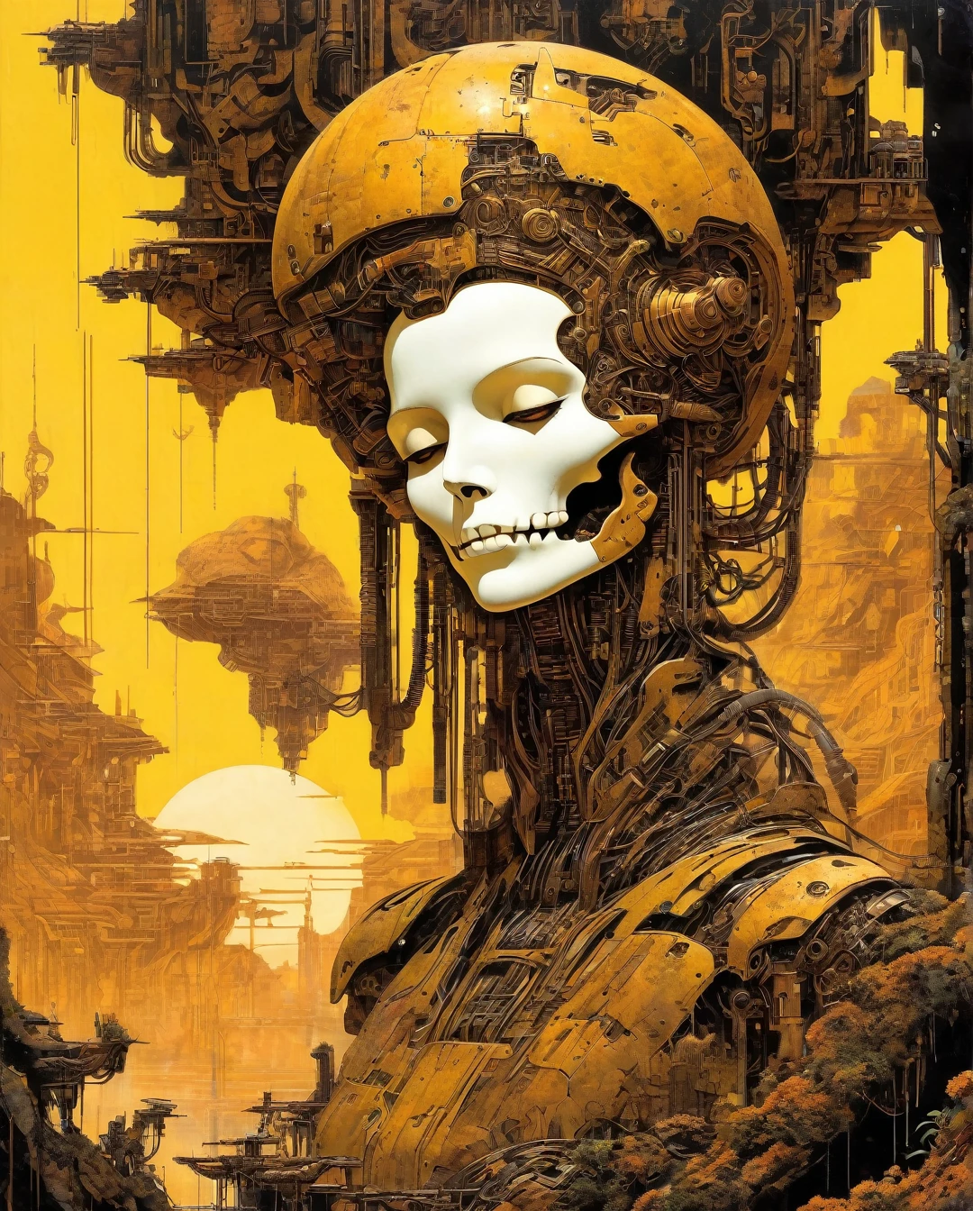 (masterpiece, 4k ,ultra detailed,raw photo:1.2),illustration,
(The image features a large, skeletal structure resembling a skull, covered in rust and vegetation, suggesting an abandoned or post-apocalyptic setting. The structure's mechanical details imply it could be a piece of advanced technology, possibly from a science fiction context. The presence of the woman with futuristic attire indicates that this scene is set in a world where such advanced technology exists, and the environment is consistent with a jungle or rainforest, adding to the sense of exploration and discovery. The image does not contain any real people, but rather a figure that could be interpreted as a character from a story set in a dystopian or post-apocalyptic future.,HKMECHA,.,,),
(simple background:black and yellow background1.4),
(symmetry:1.2),
(art deco:1.4),
(retro-futuristic:1.4),
(minimalism:1.4),
(clean:1.4),
(flat_color:1.4),
(cyberpunk,android:1.4),
CCDDA Artstyle