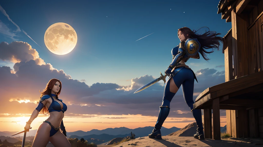 leona, league of legends, realistic, sword and shield, power pose, bottom to top, moon and sun in the background